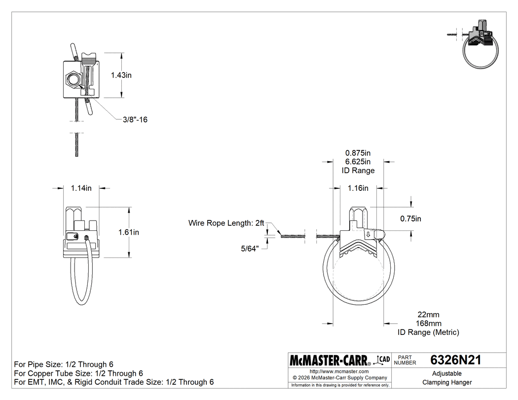 Technical Drawing of Adjustable Clamping Hanger.